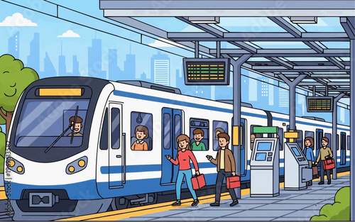 Vector illustration of a modern commuter train arriving at a bustling city railway station with passengers.