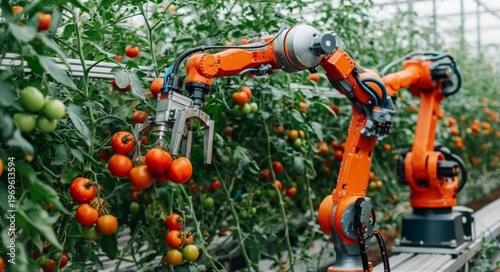 Automated robotic arm harvesting ripe tomatoes in a modern greenhouse.