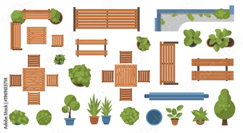 Top down view of various park elements benches trees and planters