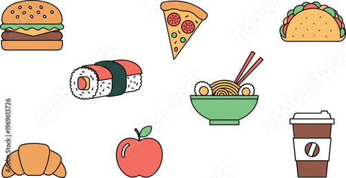 Fast food icons vector illustration with burger pizza sushi taco ramen and coffee, colorful meal set for menu, app and restaurant design