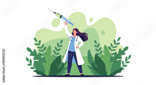 Empowered female doctor in a white lab coat holding a large syringe above her head like a trophy against green foliage.