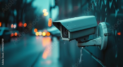 Outdoor security camera monitors a wet city street at night with bokeh lights.