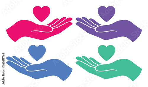 Open hands holding hearts, a vibrant vector illustration of care and generosity. Diverse color palette of pink, purple, blue, and green for charity, love, and support concepts.