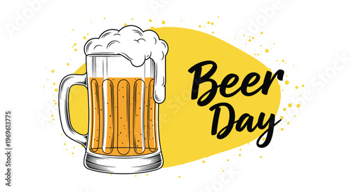 Hand-drawn illustration of a full beer mug with thick white foam celebrating international beer day against a vibrant yellow splash background.