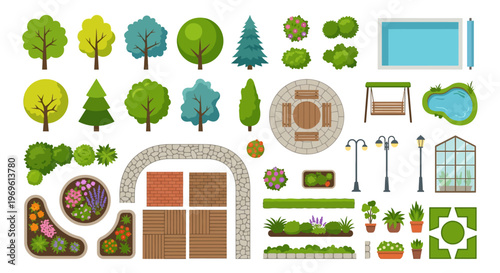 Top down view of colorful trees garden elements and a swimming pool