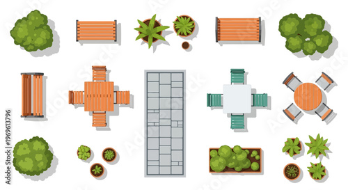 An overhead view of a public park with trees benches and tables