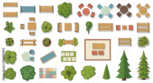 Aerial view of park furniture and landscaping elements top down illustration