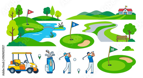 Colorful illustration depicting a vibrant golf course with players and elements