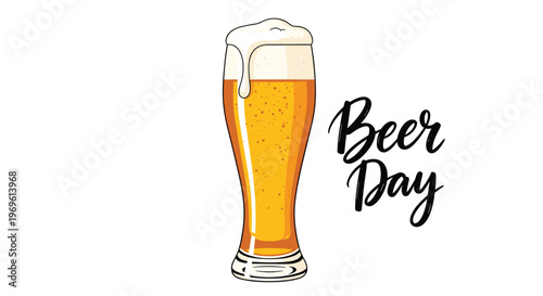 Illustration of a tall pilsner glass filled with golden beer and frothy white foam commemorating international beer day with stylish typography.