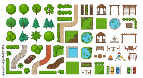Collection of colorful top down illustrated park and garden elements