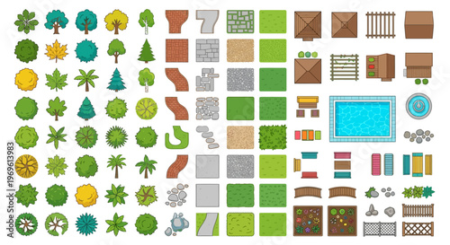 Collection of colorful top down illustrated game assets for landscape design