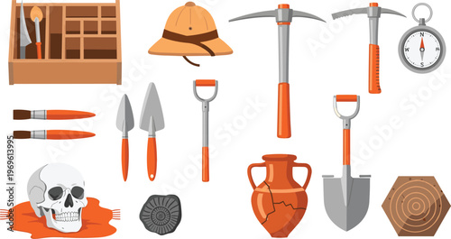 Archaeology tools collection with excavation equipment, ancient artifacts, fossil discovery kit, explorer gear, scientific digging instruments, historical research illustration set
