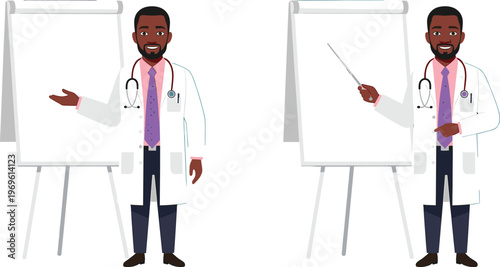 Doctor presenting medical information on board, healthcare professional teaching concept, hospital training and patient education, clinical presentation, medical seminar illustration