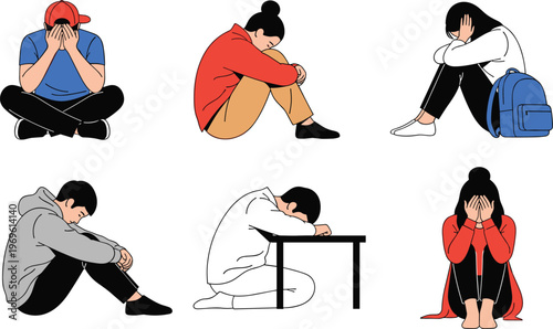 Depressed people sitting alone feeling anxiety, stress and sadness, mental health concept, emotional pain, loneliness, support awareness illustration collection