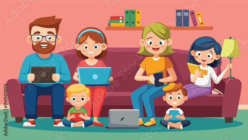 Family is gathered together on a couch using different devices in a living room during the afternoon