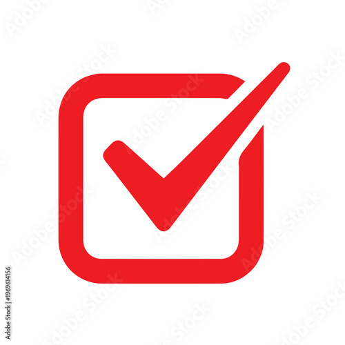 Red checkmark symbol, sharply outlined within a square, indicates a confirmed choice, validation, or successful step.