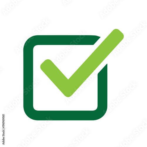 Green checkmark symbol, centered within a square outline, represents successful completion, acceptance, and agreement.