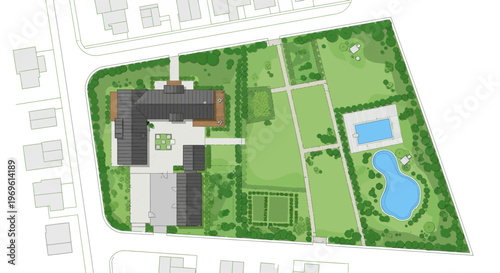 Architectural plan showing a large house garden and swimming pool layout