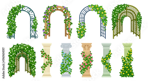 Collection of decorative garden arches and floral arrangements illustrations