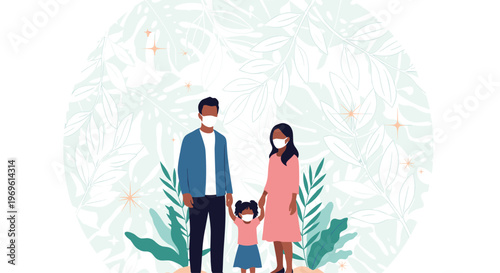 Diverse family of three including a man, woman, and young girl wearing protective face masks set against a decorative tropical leaf background.