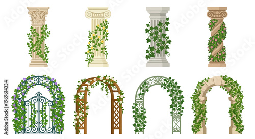 Collection of ornate architectural columns and floral garden arches