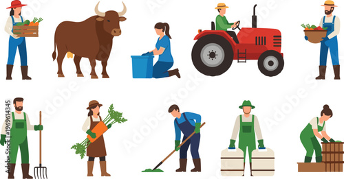 Farmers working with animals and crops, agriculture activities, tractor and harvesting, rural farming lifestyle, organic food production illustration set