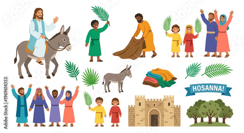 Jesus triumphal entry into jerusalem with welcoming crowds and palm branches