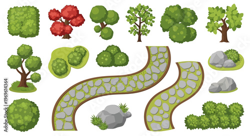 Collection of colorful cartoon trees bushes path and rocks illustrated