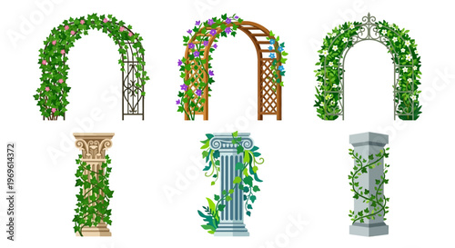 Collection of ornate garden arches and decorative pillar designs