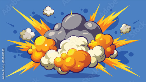 Bright explosion in a blue background with colorful clouds and flames occurring during a cartoon scene