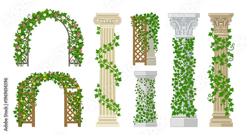 Floral arches and ornate columns with climbing vines a garden set