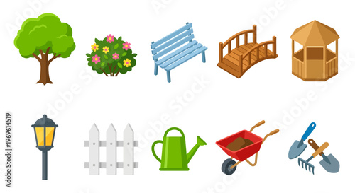 Colorful park elements including trees benches and gardening tools