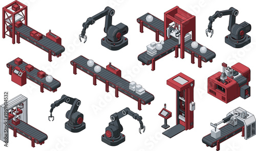 Industrial automation factory illustration, robotic arms and conveyor systems, smart manufacturing production line, modern industrial machinery technology concept