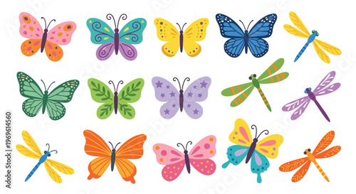 Colorful collection of butterflies and dragonflies in a playful arrangement