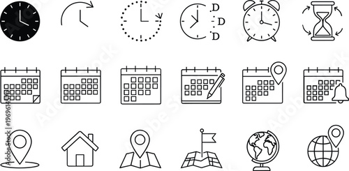 Time schedule and navigation outline icon set featuring clock calendar location map and planning symbols for apps