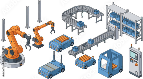 Industrial automation system with robotic arms, conveyor belts and warehouse robots, smart factory production line, modern manufacturing technology illustration set
