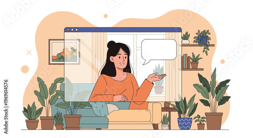 Young woman participating in a video call or online presentation while sitting in a room filled with numerous potted indoor plants for decor.