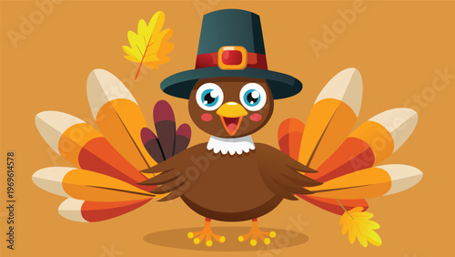 Cartoon turkey with colorful feathers wearing a hat and celebrating a festive occasion in autumn