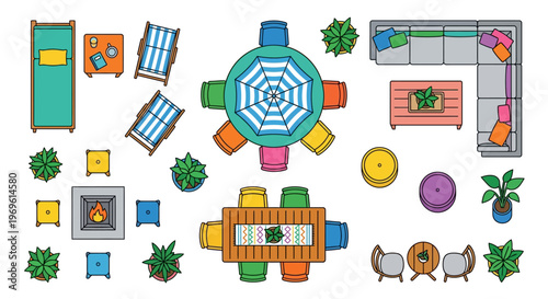 Overhead view of colorful outdoor furniture and garden landscaping elements