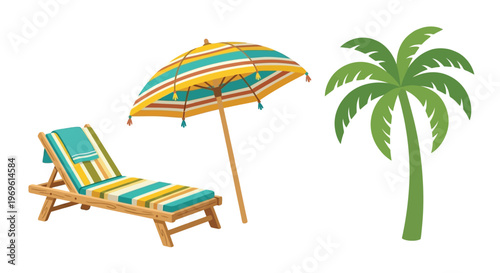 A colorful beach chair and umbrella with a tropical palm tree
