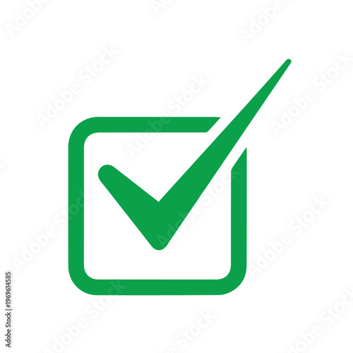 Vibrant green checkmark graphic within a distinctive square outline indicates successful validation or positive confirmation.