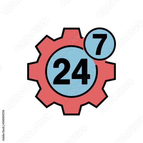A graphic illustration of a gear with 24 and 7 numbers representing around the clock service