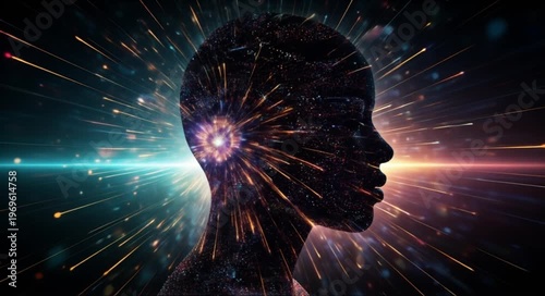 Abstract profile of a person's head illuminated by cosmic energy and light bursts, symbolizing imagination and innovation.