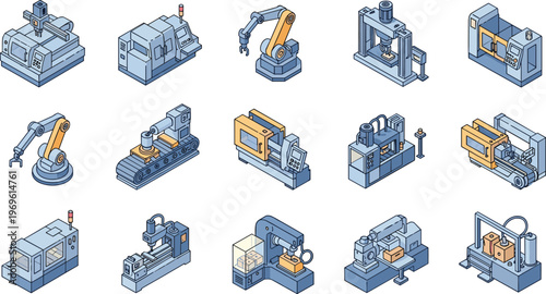 Isometric CNC machines and robotic arms set, industrial automation equipment collection, smart manufacturing production systems, modern engineering factory technology illustration