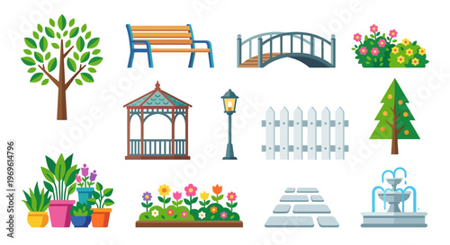 Colorful park elements including benches bridges and decorative structures