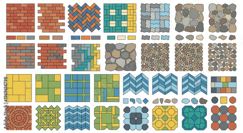 Assorted brick stone and tile patterns arranged in a grid layout