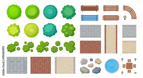 Aerial view of park elements trees benches and paving stones