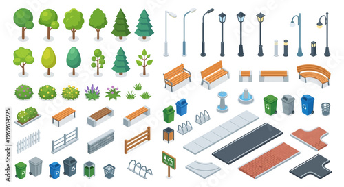 Isometric park elements trees benches streetlights and city infrastructure
