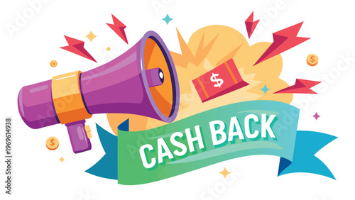 Cash back offer with colorful design and megaphone showing excitement for savings and deals in marketing promotions