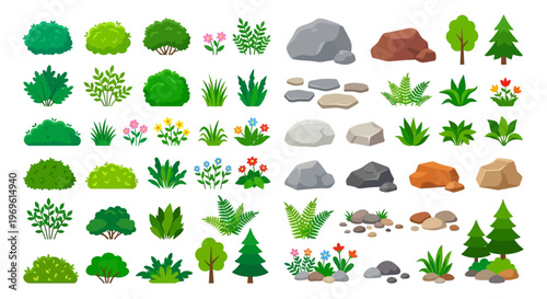 Collection of colorful cartoon plants flowers rocks and trees